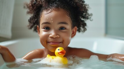 A joyful child with curly hair smiling at the camera holding a yellow rubber duck in a bathtub filled with bubbles. - obrazy, fototapety, plakaty