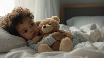 A young child with curly hair wearing a light blue outfit lying on a bed with white sheets holding a brown teddy bear looking slightly away from the camera with a thoughtful expression.
