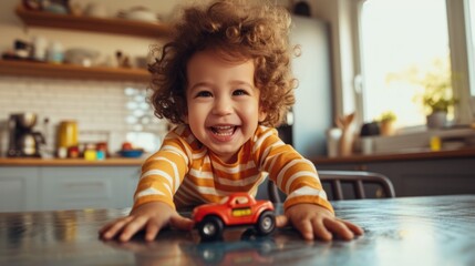 A joyful toddler with curly hair wearing an orange striped shirt is playing with a red toy car on a kitchen counter.