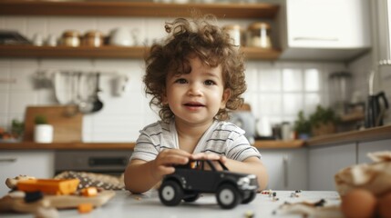 A young child with curly hair wearing a striped shirt sitting at a kitchen counter holding a toy truck surrounded by various kitchen items and food with a joyful expression.