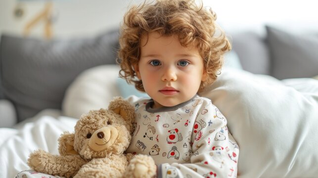 A young child with curly hair wearing pajamas with a playful pattern holding a teddy bear sitting on a soft surface possibly a bed with a blurred background suggesting a cozy indoor setting.