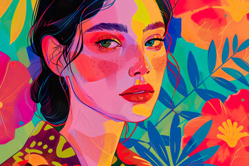Colorful Woman Portrait with Exotic Floral Elements