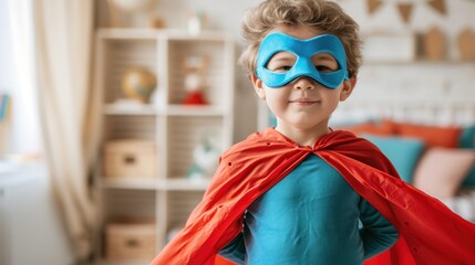 Fototapeta na wymiar Young child dressed as superhero wearing blue mask and red cape standing in a room with shelves and a window.