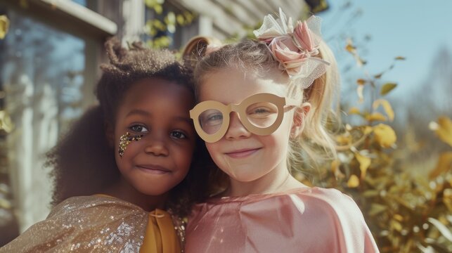 Two young girls one with a gold glittery face paint and the other wearing large round glasses smiling and posing together with a blurred background of a garden.