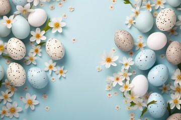 Fototapeta na wymiar Blue background with white flowers and eggs. Ideal for Easter or spring-themed designs
