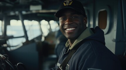 A picture of a man wearing a navy uniform with a smile on his face, standing on a boat. This image can be used to depict a sailor, maritime profession, or nautical adventure