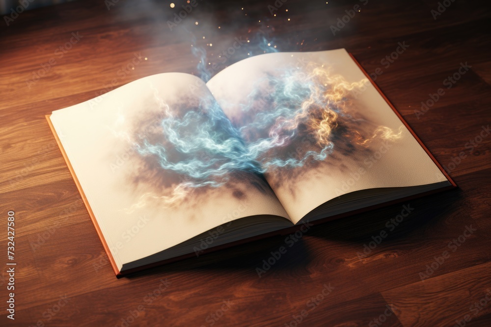 Aufkleber An open book placed on a wooden table with smoke rising from its pages. This image can be used to represent mystery, magic, or the concept of knowledge and wisdom