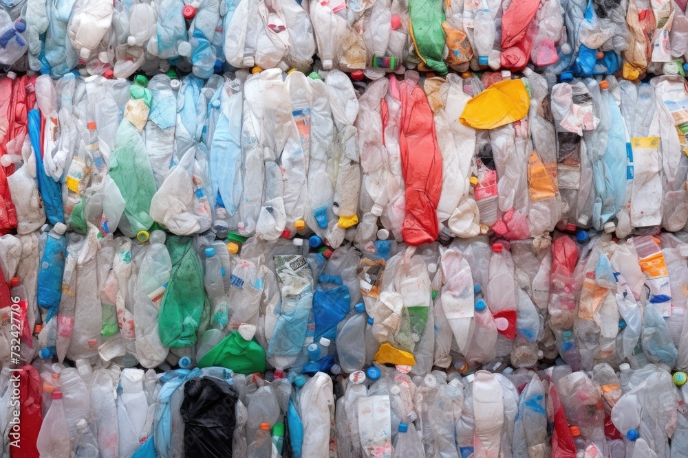 Poster a person standing in front of a wall made of plastic bottles. this image can be used to raise awaren