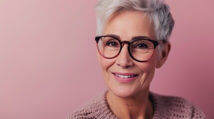 Smiling woman with gray hair and glasses wearing a patterned top against a beige background.