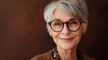 Smiling woman with gray hair and glasses wearing a patterned top against a neutral background.