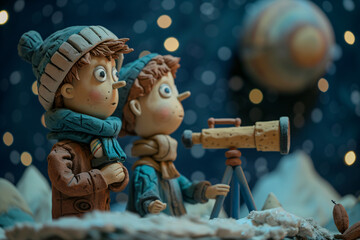 Clay children in winter clothing observing night sky with telescope. Winter exploration scene with clay figures. Astronomy learning concept. Design for educational content, children’s book illustratio