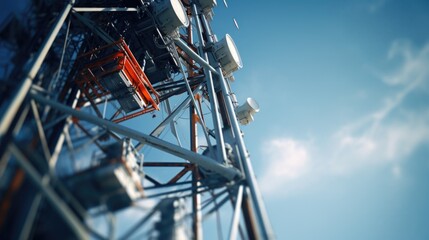 A picture of a cell phone tower against a backdrop of a clear blue sky. Suitable for telecommunications and technology-related projects