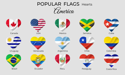 Flags of American countries. Flag in heart shape grunge vintage. America flag icon set. Vector flags isolated