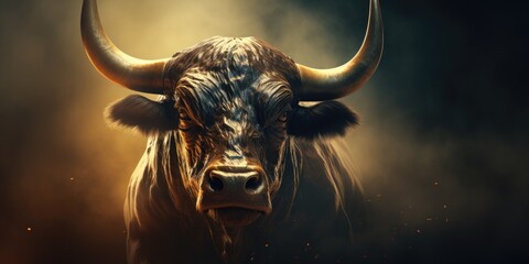 A close up view of a bull with impressive horns. This image can be used in various contexts - obrazy, fototapety, plakaty