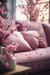 A pink couch with decorative pillows and a vase of flowers. Perfect for home decor or interior design projects