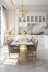 A stylish dining room featuring a marble table and chairs. Perfect for elegant home decor or restaurant interior design