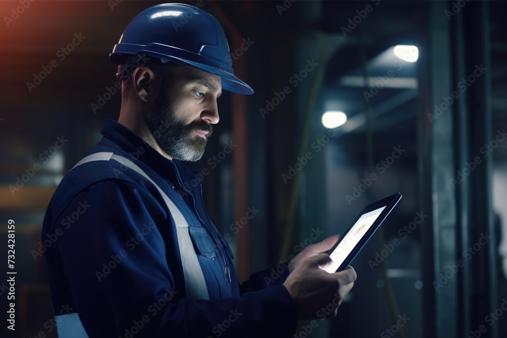 Poster A man wearing a hard hat is seen holding a tablet computer. This image can be used to depict a construction worker or engineer using technology on a job site