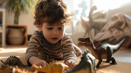 Young child playing with dinosaur toys on a carpeted floor in a cozy room.