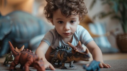 Young child with curly hair playing with toy dinosaurs on a carpeted floor.