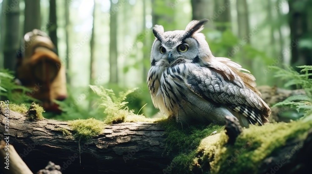 Poster an owl perched on a tree branch in a serene forest setting. perfect for nature-themed designs and wi