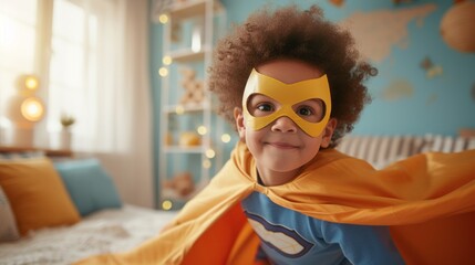 Young child dressed as superhero smiling with yellow mask and cape standing in front of blue wall with shelves and decorations in brightly lit room with white window and yellow pillows.