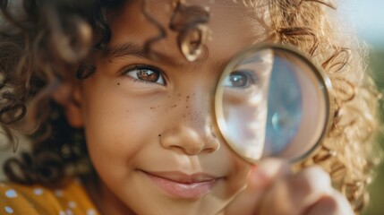 A young girl with curly hair holding a magnifying glass close to her face looking intently through it.
