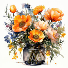 watercolor Vase of Wild Flowers clipart, Generative Ai