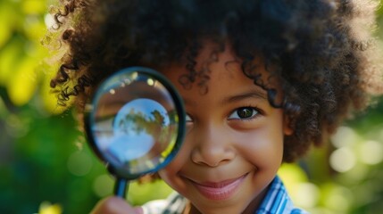 Young child with curly hair holding a magnifying glass looking at the camera with a smile. - 732428569