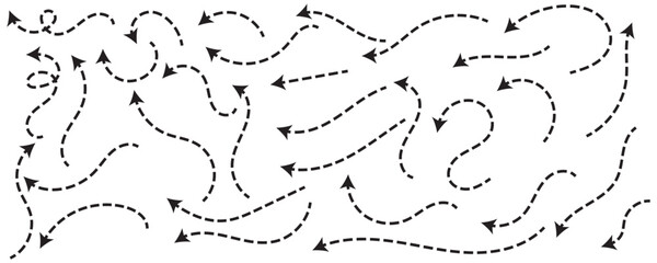 Curved dotted arrow. Zigzag arrow stripes design with dotted lines. Pointers to the wire, up, down. Curved line. Vector illustration.