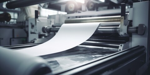 A roll of paper being printed on a machine. Ideal for illustrating printing processes and industrial manufacturing