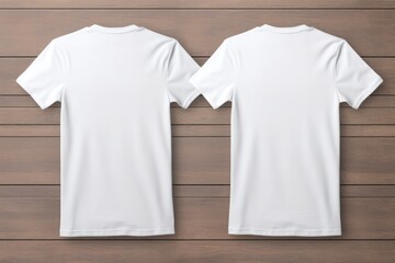 Two white t-shirts hanging on a wooden wall. Perfect for showcasing apparel or fashion designs