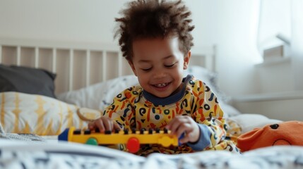 A joyful child in a colorful pajamas playing a toy piano on a bed.