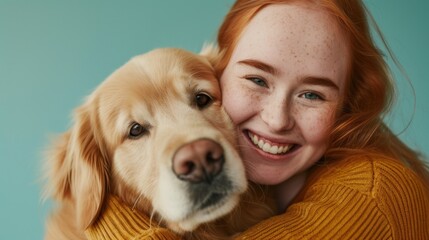 A young woman with red hair and freckles wearing a yellow sweater smiling and hugging a golden retriever dog.
