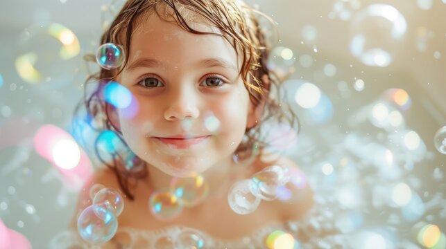 A young girl with wet hair smiling at the camera surrounded by a multitude of colorful soap bubbles.