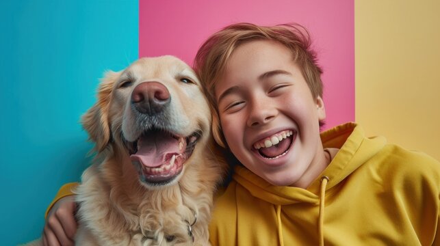 A joyful young boy with blonde hair wearing a yellow hoodie laughing and hugging a golden retriever dog against a colorful background.