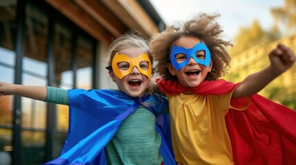 Two children wearing superhero costumes with blue and yellow masks smiling and posing with arms outstretched standing in front of a house.