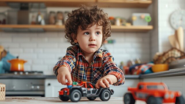 Young child with curly hair wearing a plaid shirt playing with toy trucks on a kitchen counter.