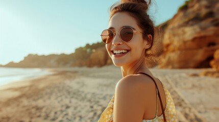 Smiling woman in yellow dress and sunglasses standing on sandy beach with ocean and rocky cliffs in...