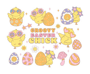 Cute Groovy Easter Chick collection, Playful Festive Holiday cartoon doodle animal hand drawing set.