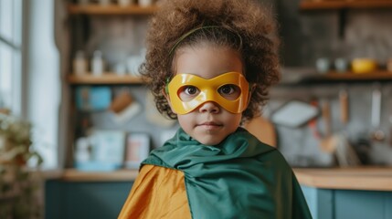 Young child with curly hair wearing a yellow mask and green cape standing in a kitchen with a playful and imaginative expression.