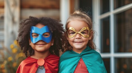 Two children one wearing a blue mask and cape the other in gold posing together with smiles in front of a rustic wooden structure with a window. - 732429581