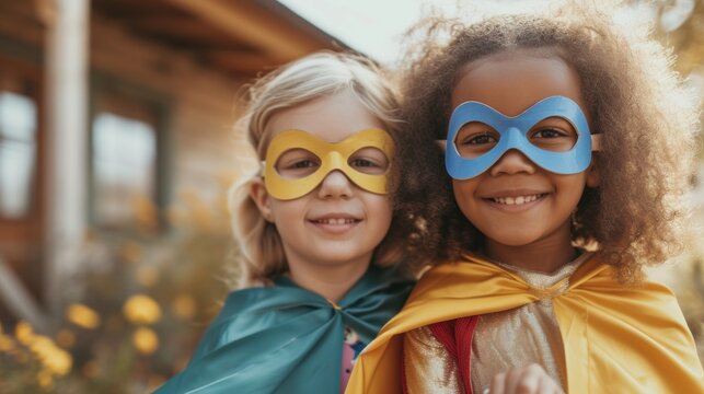 Two children one with blonde hair and the other with curly brown hair wearing superhero masks and capes posing together with smiles in front of a wooden house with yellow flowers in the background.