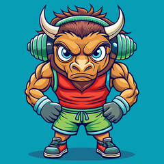 Naklejka premium Bull Angry, cute, style , Big eye, Full Human Body, art 90 style, sport wear, headset, full body