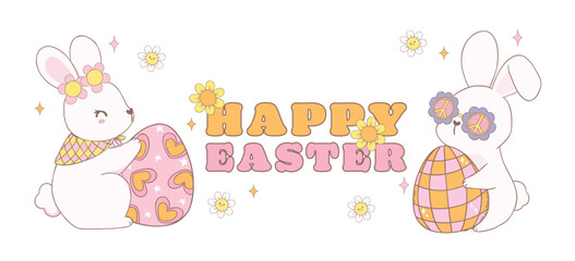 Cute Two Happy Groovy Easter bunnies with disco easter egg. Playful cartoon doodle animal hand drawing.