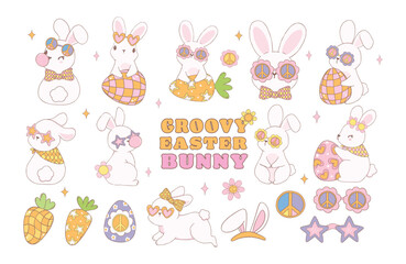 Cute Groovy Easter Bunny collection, Playful cartoon doodle animal hand drawing set.
