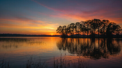 Beauty of a sunset over a still lake with the silhouette of trees framing the horizon and their branches reaching towards the vibrant hues of the fading sun