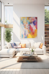 Bright and Airy Living Space with Colorful Abstract Painting and Modern Decor