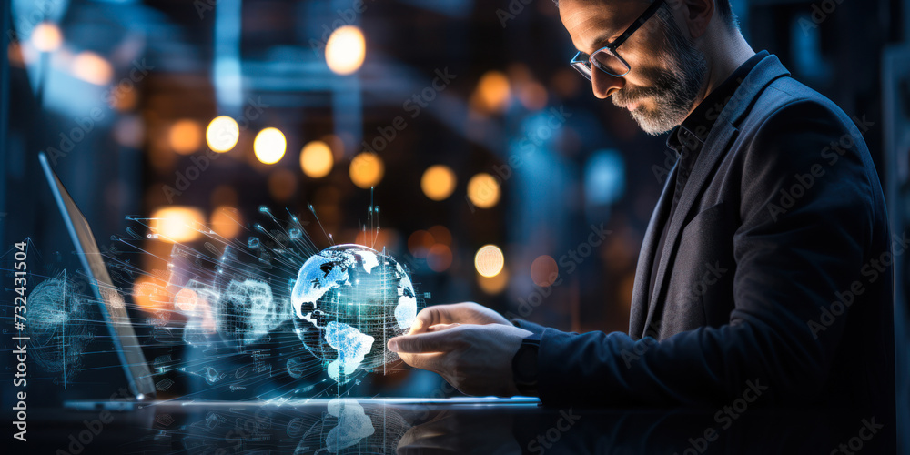 Poster tech expert engaging with ai global analytics on a digital device, showcasing artificial intelligenc