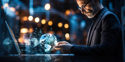 Tech expert engaging with AI global analytics on a digital device, showcasing artificial intelligence, data analysis, and worldwide connectivity