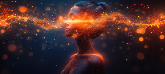 Digital Human Concept with a Female Silhouette Emerging from a Burst of Glowing Particles, Symbolizing Connectivity, AI, and Virtual Reality